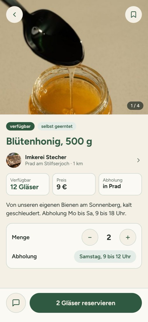 Kundenansicht: Produktseite Blütenhonig mit Menge, Abholzeit und Knopf Reservieren
