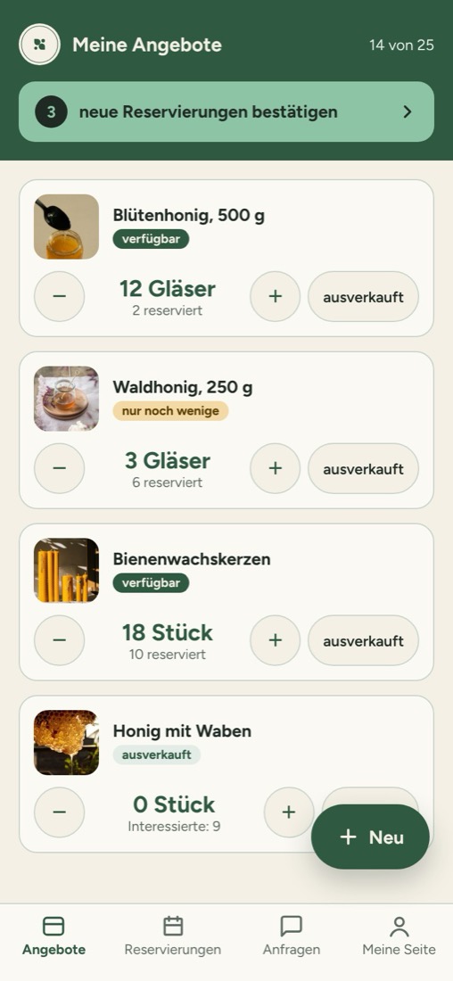Ansicht Selbsterzeuger: Meine Angebote mit Plus, Minus und ausverkauft