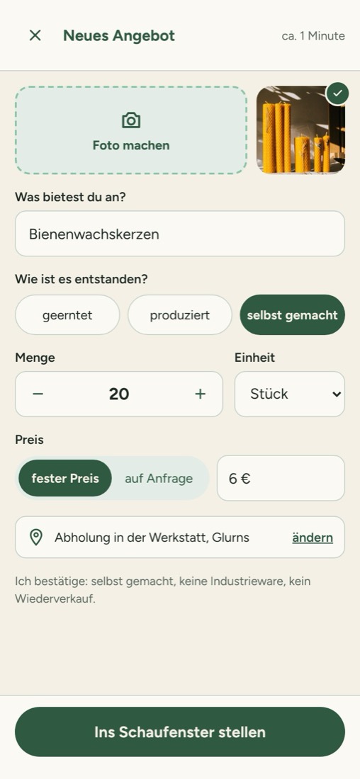 Ansicht Selbsterzeuger: Neues Angebot mit Foto, Menge, Preis und Abholort